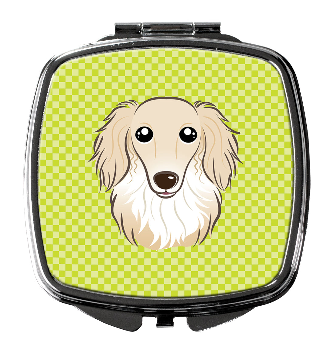 Checkerboard Lime Green Longhair Creme Dachshund Compact Mirror Decorative Travel Makeup Mirror for Women Girls Gifts Pocket Makeup Mirror Folding Handheld