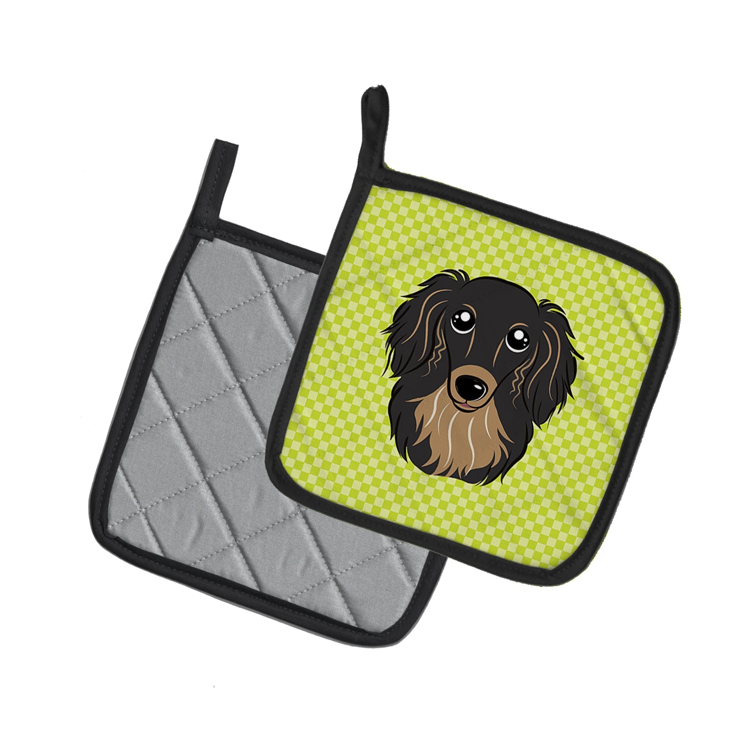 Checkerboard Lime Green Longhair Black and Tan Dachshund Pot Holder Set of 2 Heat Resistant Quilted Hot Pads 7.5 x 7.5 Inch, Insulated Kitchen Trivets for Cooking & Baking