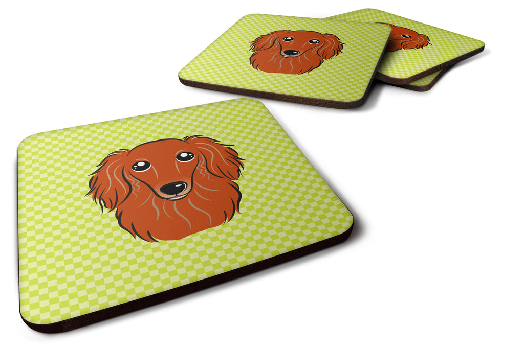 Checkerboard Lime Green Longhair Red Dachshund Foam Coasters Set of 4 Cup Coasters for Indoor Outdoor, Tabletop Protection, Anti Slip, Mouse pad Material