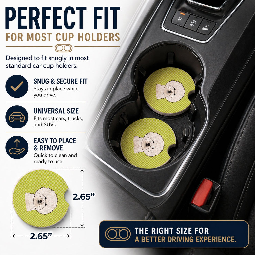 Checkerboard Lime Green Bichon Frise Set of 2 Cup Holder Car Coasters Absorbent Round Sandstone Coasters Gifts for Men or Women, 2.5, Multicolor