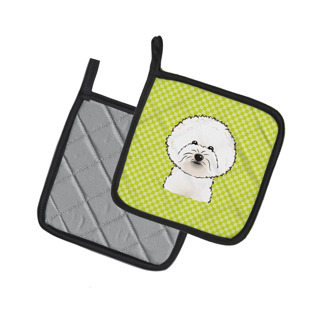 Checkerboard Lime Green Bichon Frise Pot Holder Set of 2 Heat Resistant Quilted Hot Pads 7.5 x 7.5 Inch, Insulated Kitchen Trivets for Cooking & Baking
