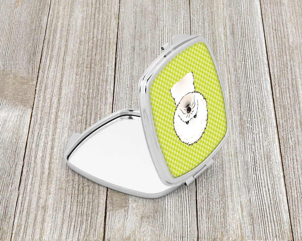 Checkerboard Lime Green Bichon Frise Compact Mirror Decorative Travel Makeup Mirror for Women Girls Gifts Pocket Makeup Mirror Folding Handheld