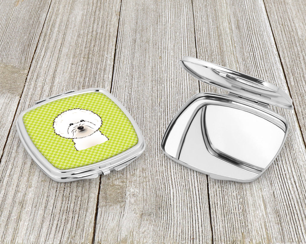 Checkerboard Lime Green Bichon Frise Compact Mirror Decorative Travel Makeup Mirror for Women Girls Gifts Pocket Makeup Mirror Folding Handheld
