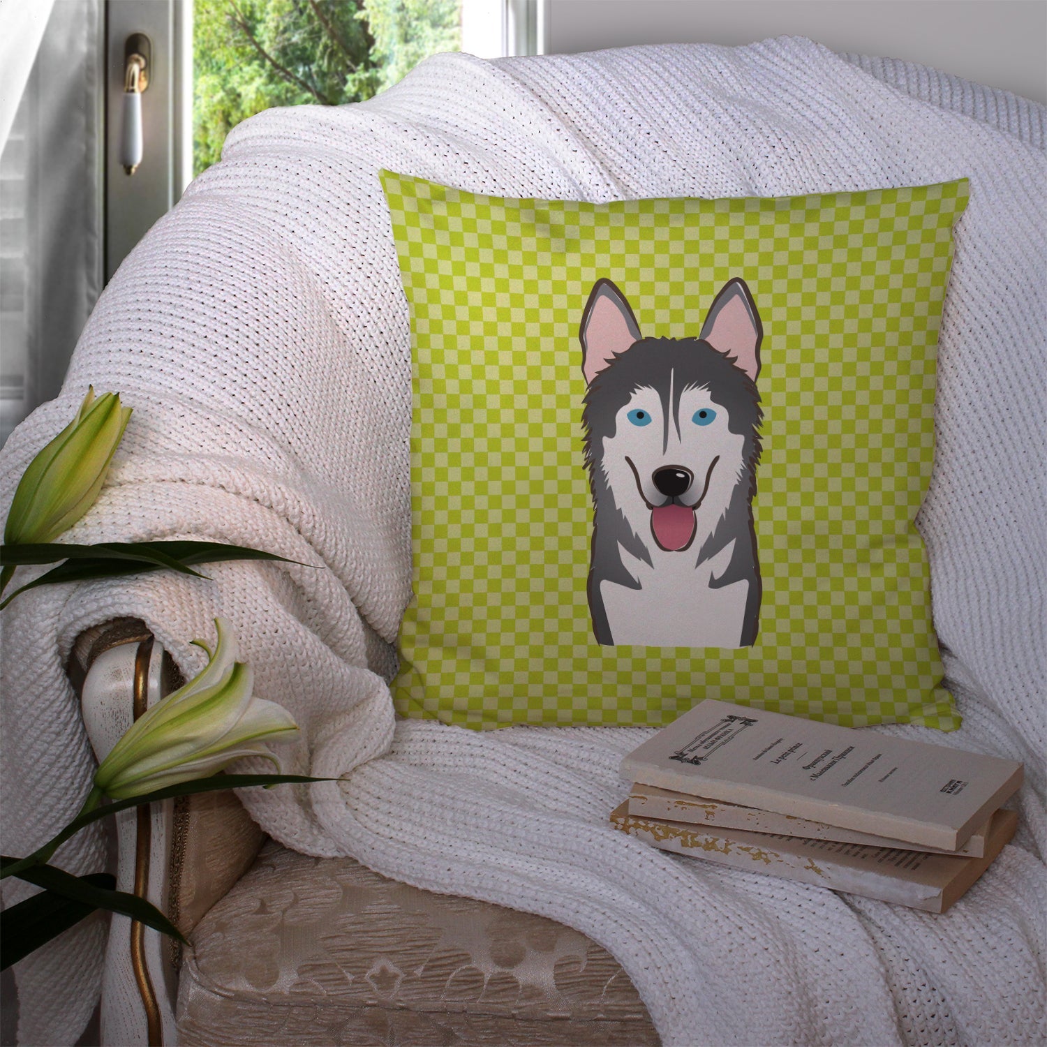 Checkerboard Lime Green Alaskan Malamute Decorative Throw Pillow 14x14 Indoor Outdoor Accent Cushion, Fabric Cover with Insert for Sofa, Bed, Porch & Living Room