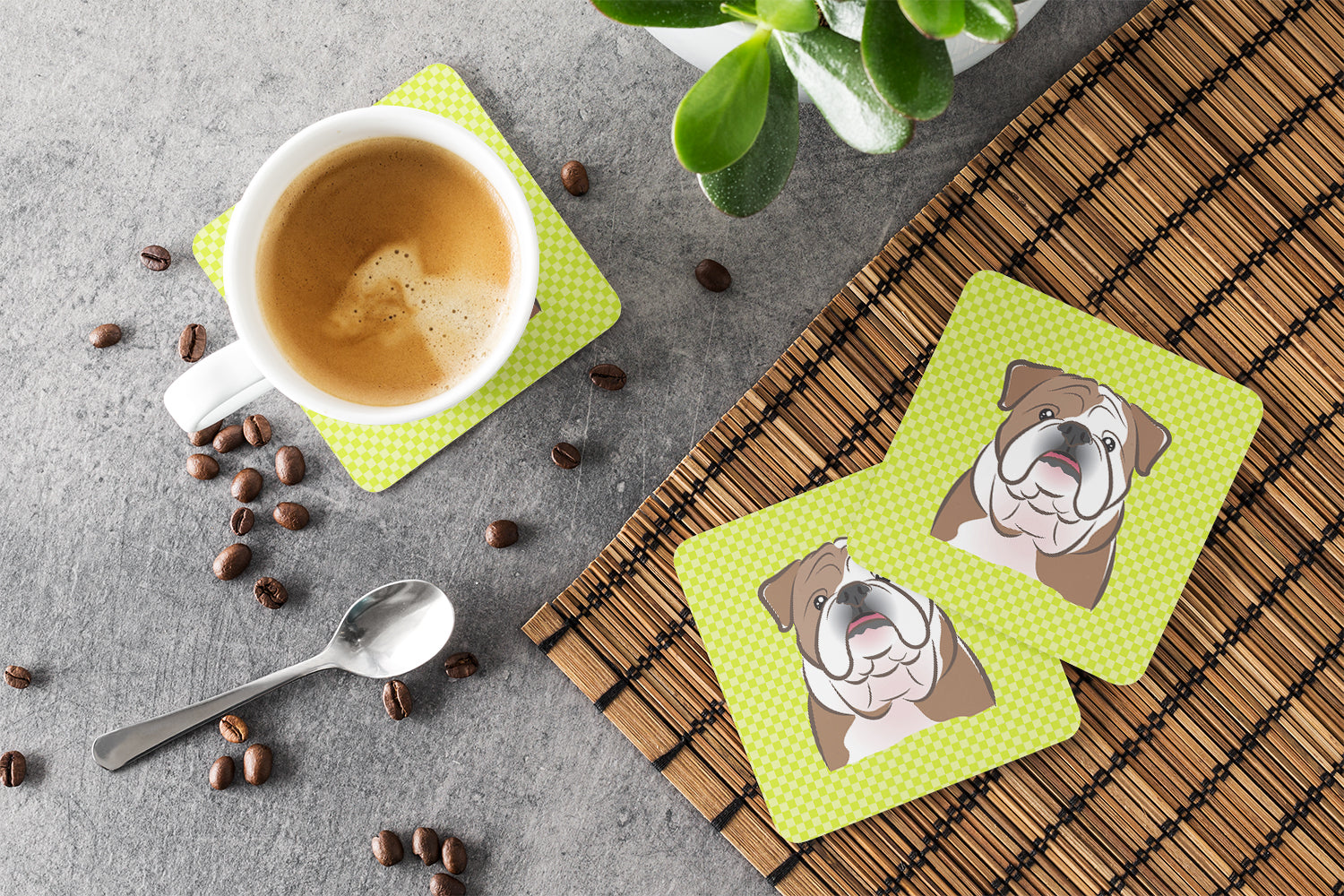 Checkerboard Lime Green English Bulldog  Foam Coasters Set of 4 Cup Coasters for Indoor Outdoor, Tabletop Protection, Anti Slip, Mouse pad Material