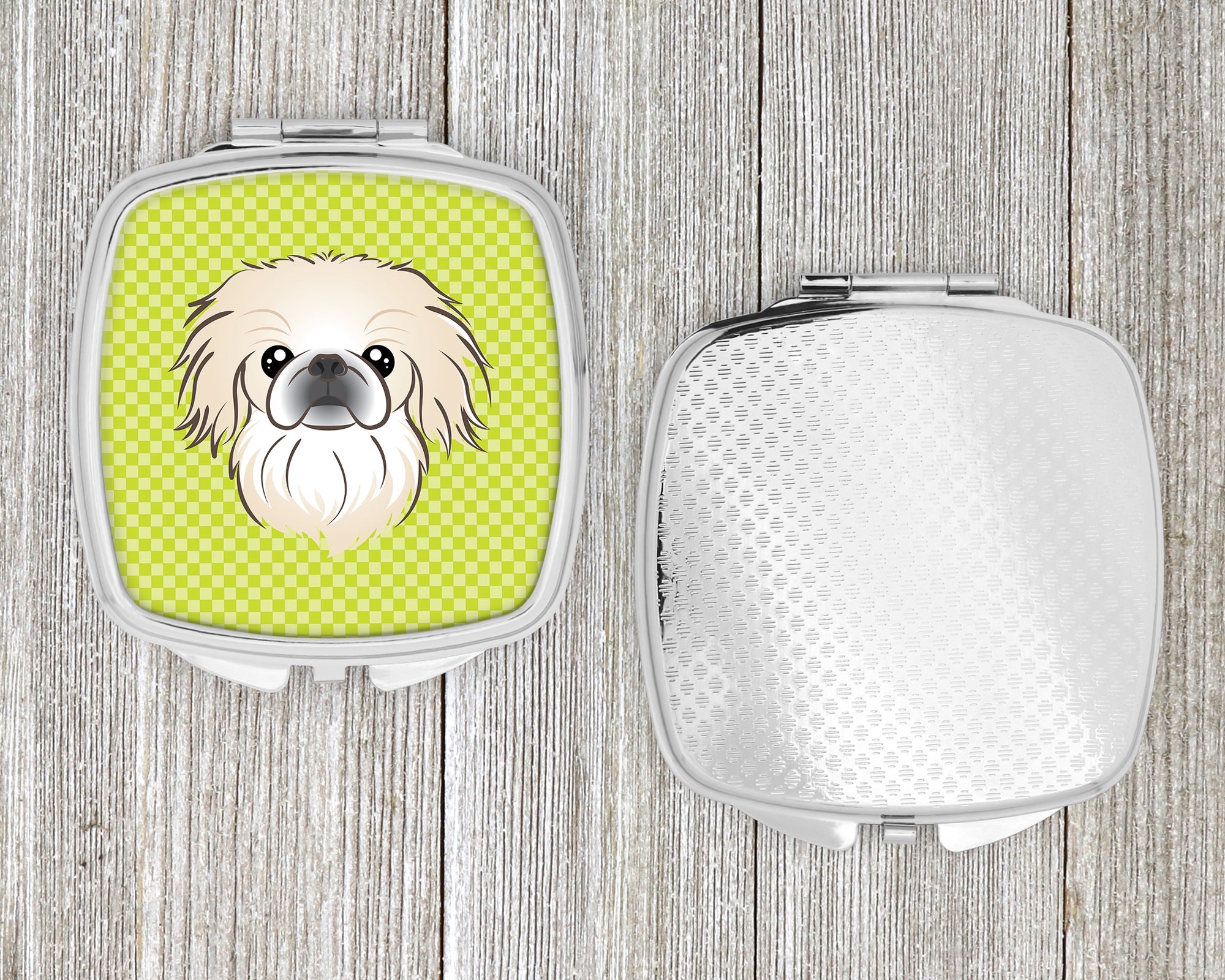 Checkerboard Lime Green Pekingese Compact Mirror Decorative Travel Makeup Mirror for Women Girls Gifts Pocket Makeup Mirror Folding Handheld