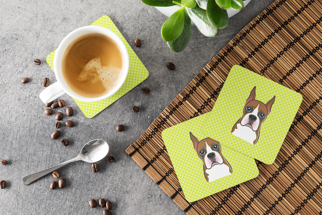 Checkerboard Lime Green Boxer Foam Coasters Set of 4 Cup Coasters for Indoor Outdoor, Tabletop Protection, Anti Slip, Mouse pad Material
