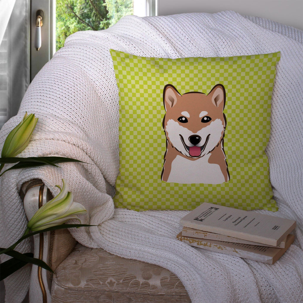 Checkerboard Lime Green Shiba Inu Decorative Throw Pillow 14x14 Indoor Outdoor Accent Cushion, Fabric Cover with Insert for Sofa, Bed, Porch & Living Room
