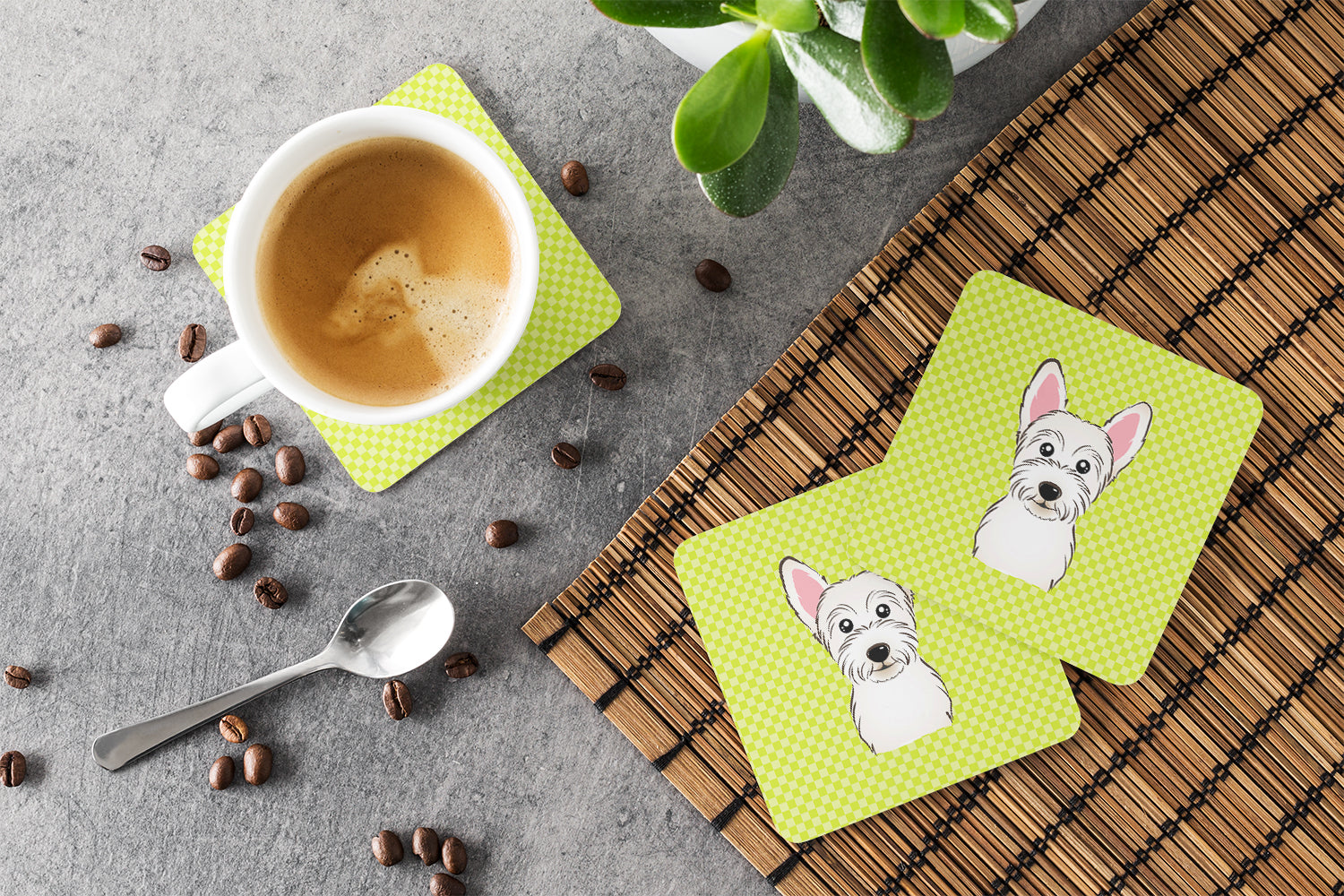 Checkerboard Lime Green Westie Foam Coasters Set of 4 Cup Coasters for Indoor Outdoor, Tabletop Protection, Anti Slip, Mouse pad Material