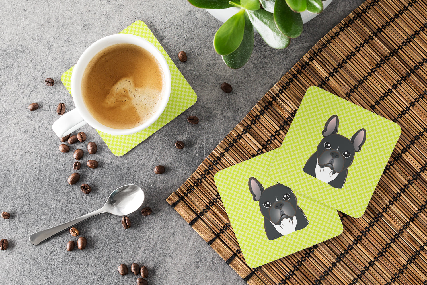Checkerboard Lime Green French Bulldog Foam Coasters Set of 4 Cup Coasters for Indoor Outdoor, Tabletop Protection, Anti Slip, Mouse pad Material