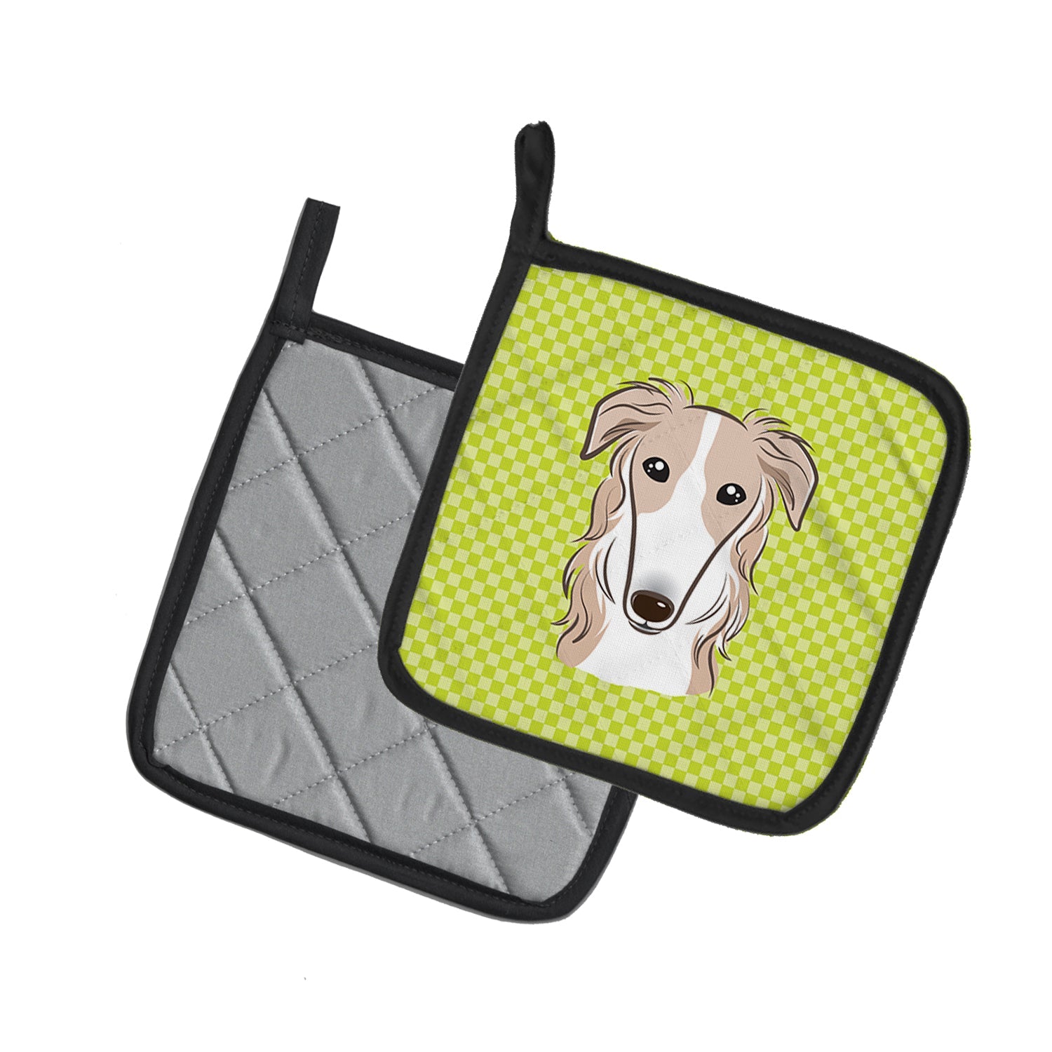 Checkerboard Lime Green Borzoi Pot Holder Set of 2 Heat Resistant Quilted Hot Pads 7.5 x 7.5 Inch, Insulated Kitchen Trivets for Cooking & Baking