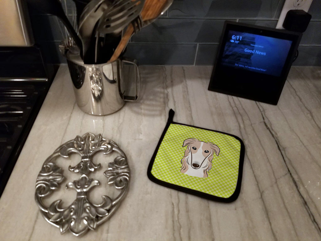Checkerboard Lime Green Borzoi Pot Holder Set of 2 Heat Resistant Quilted Hot Pads 7.5 x 7.5 Inch, Insulated Kitchen Trivets for Cooking & Baking