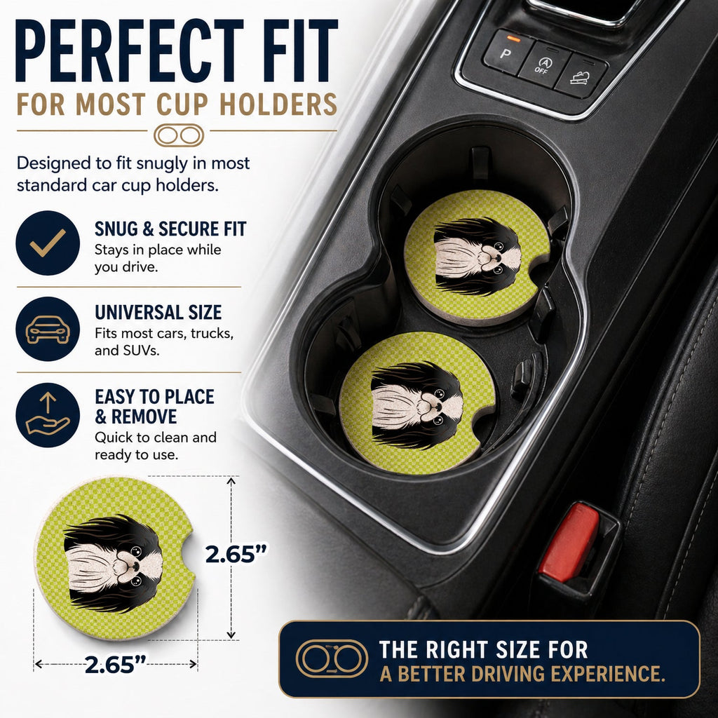 Checkerboard Lime Green Japanese Chin Set of 2 Cup Holder Car Coasters Absorbent Round Sandstone Coasters Gifts for Men or Women, 2.5, Multicolor