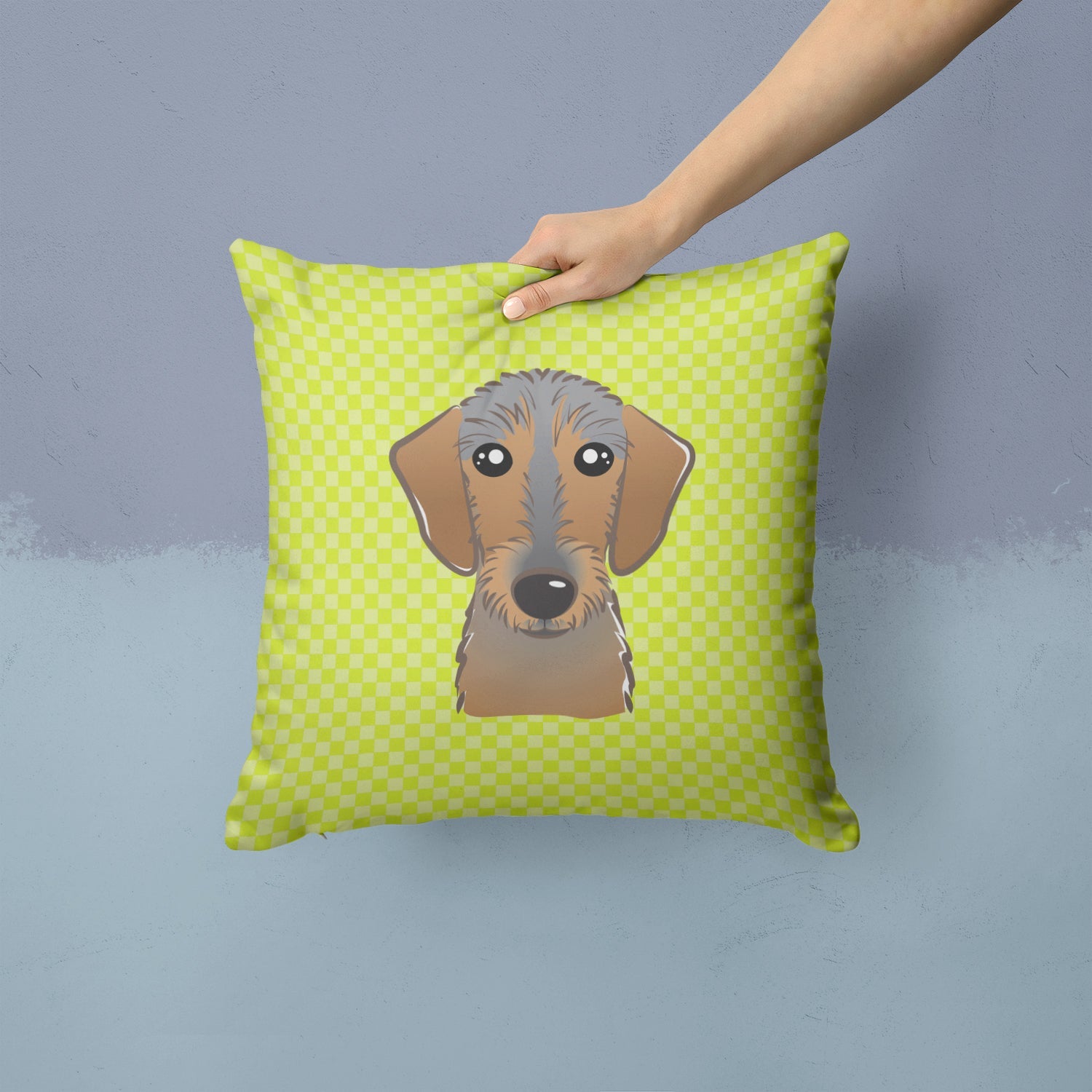 Checkerboard Lime Green Wirehaired Dachshund Decorative Throw Pillow 14x14 Indoor Outdoor Accent Cushion, Fabric Cover with Insert for Sofa, Bed, Porch & Living Room