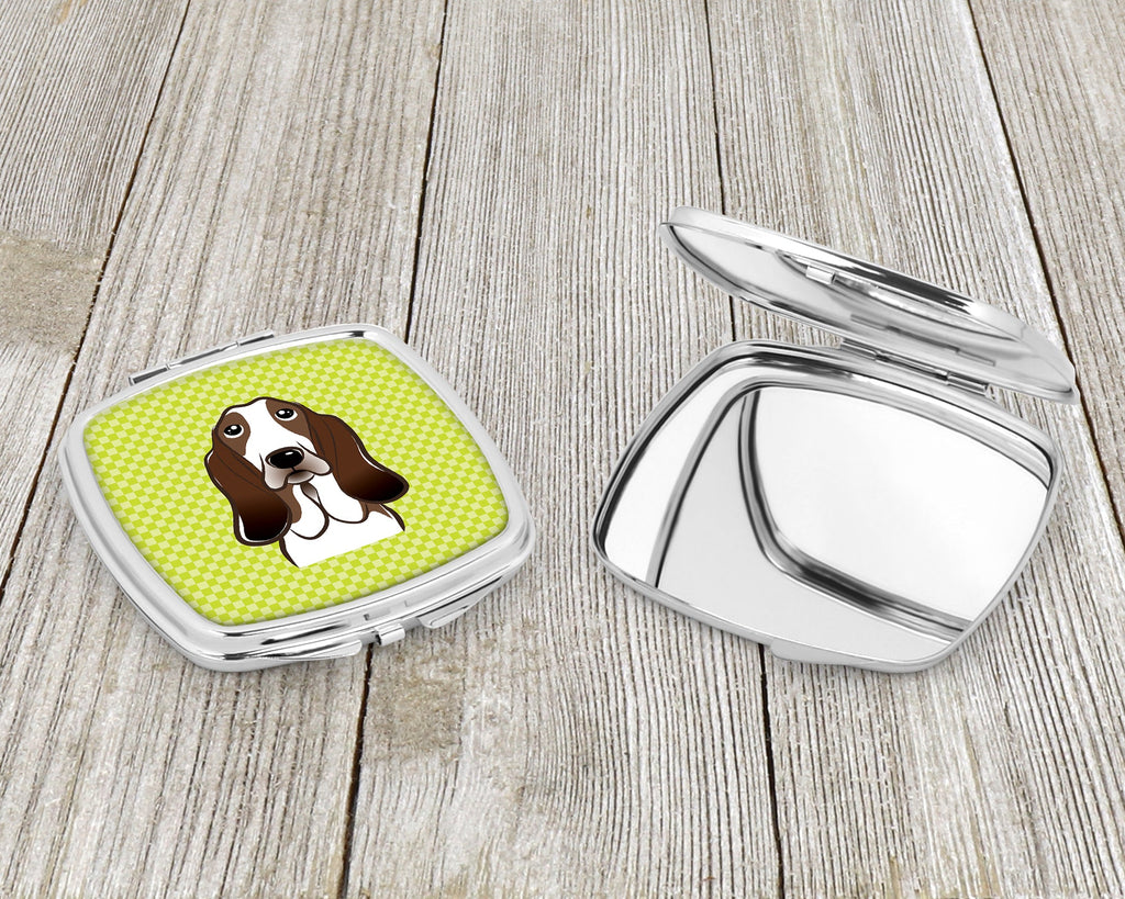 Checkerboard Lime Green Basset Hound Compact Mirror Decorative Travel Makeup Mirror for Women Girls Gifts Pocket Makeup Mirror Folding Handheld