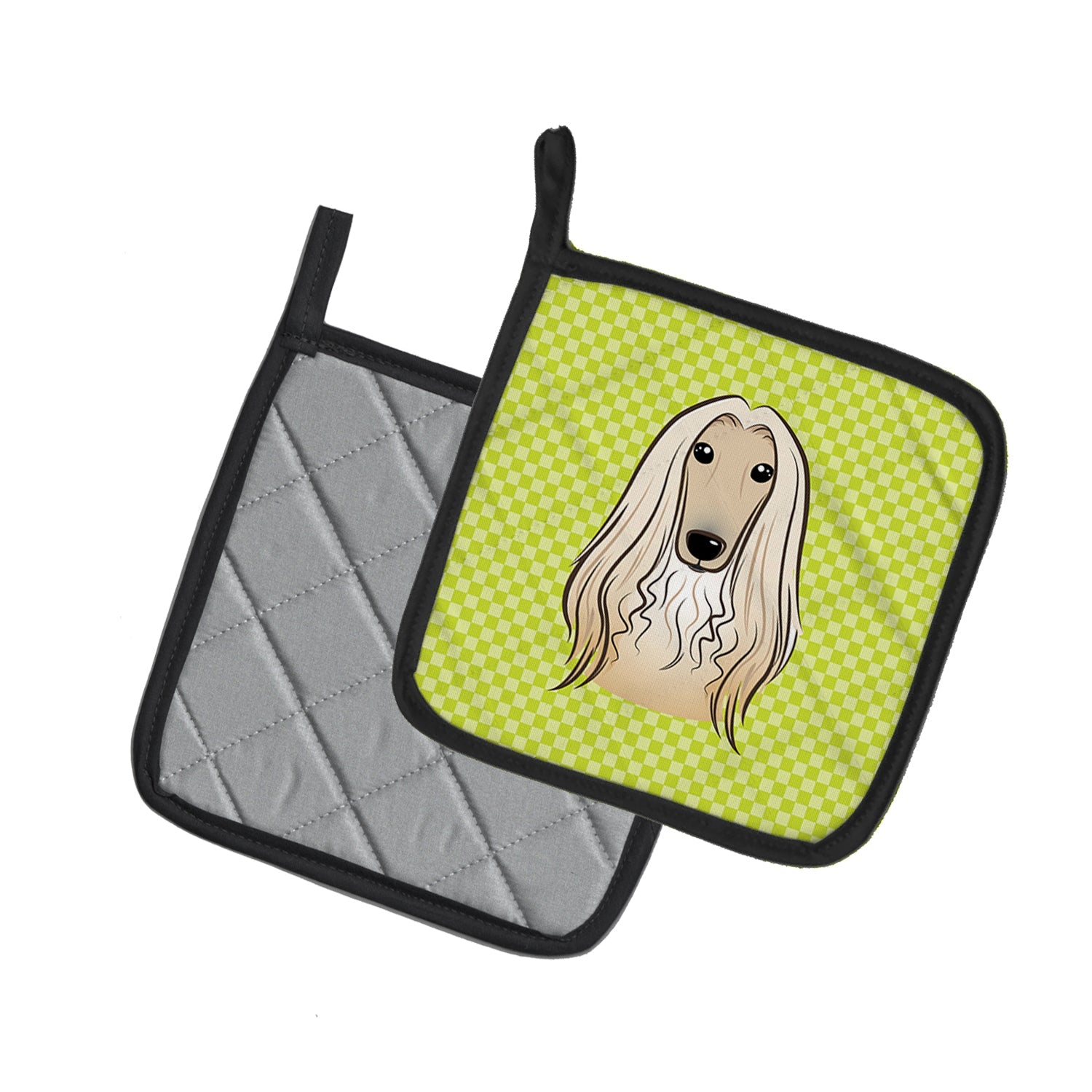 Checkerboard Lime Green Afghan Hound Pot Holder Set of 2 Heat Resistant Quilted Hot Pads 7.5 x 7.5 Inch, Insulated Kitchen Trivets for Cooking & Baking