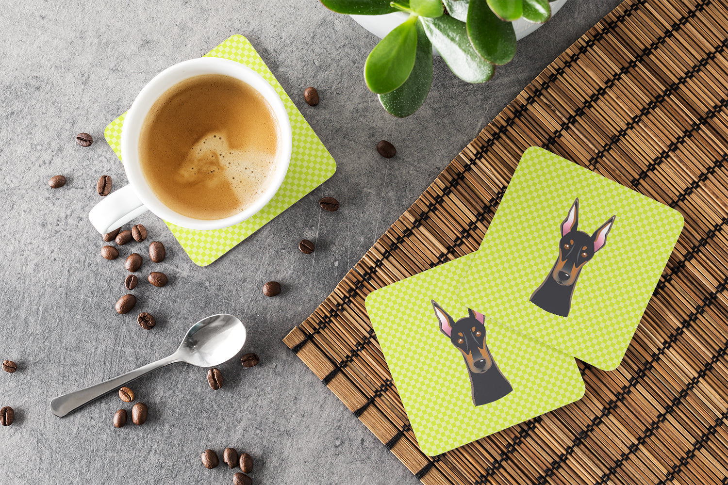 Checkerboard Lime Green Doberman Foam Coasters Set of 4 Cup Coasters for Indoor Outdoor, Tabletop Protection, Anti Slip, Mouse pad Material