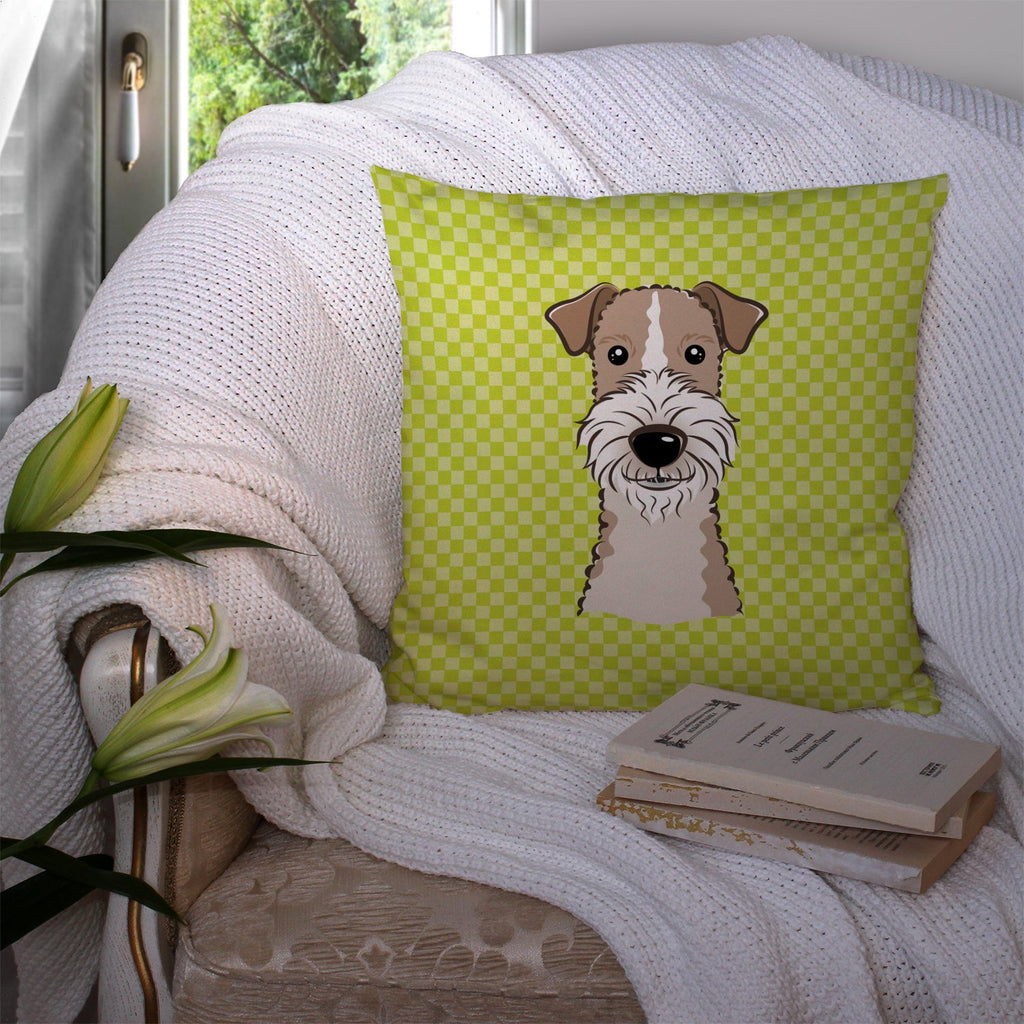 Checkerboard Lime Green Wire Haired Fox Terrier Decorative Throw Pillow 14x14 Indoor Outdoor Accent Cushion, Fabric Cover with Insert for Sofa, Bed, Porch & Living Room