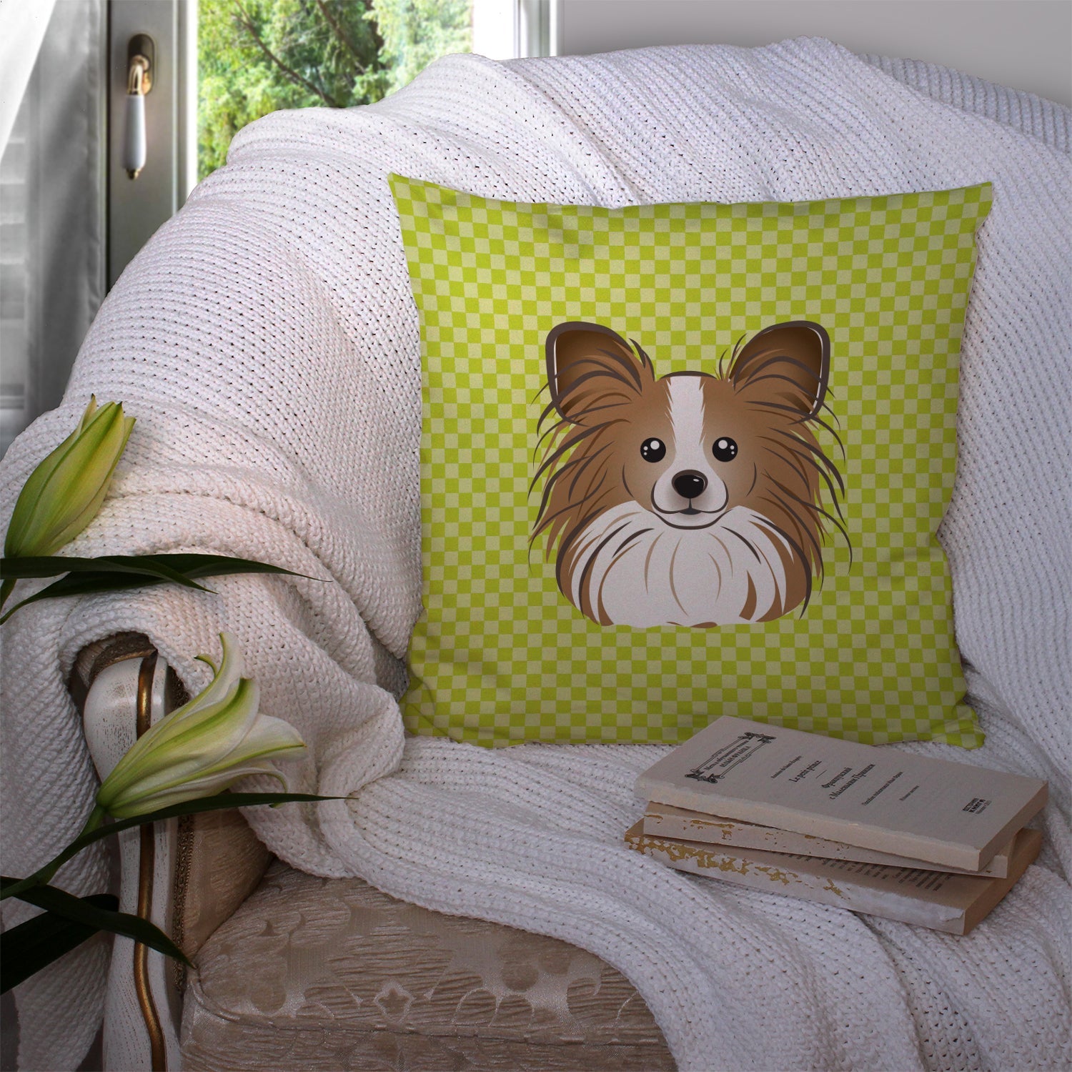 Checkerboard Lime Green Papillon Decorative Throw Pillow 14x14 Indoor Outdoor Accent Cushion, Fabric Cover with Insert for Sofa, Bed, Porch & Living Room