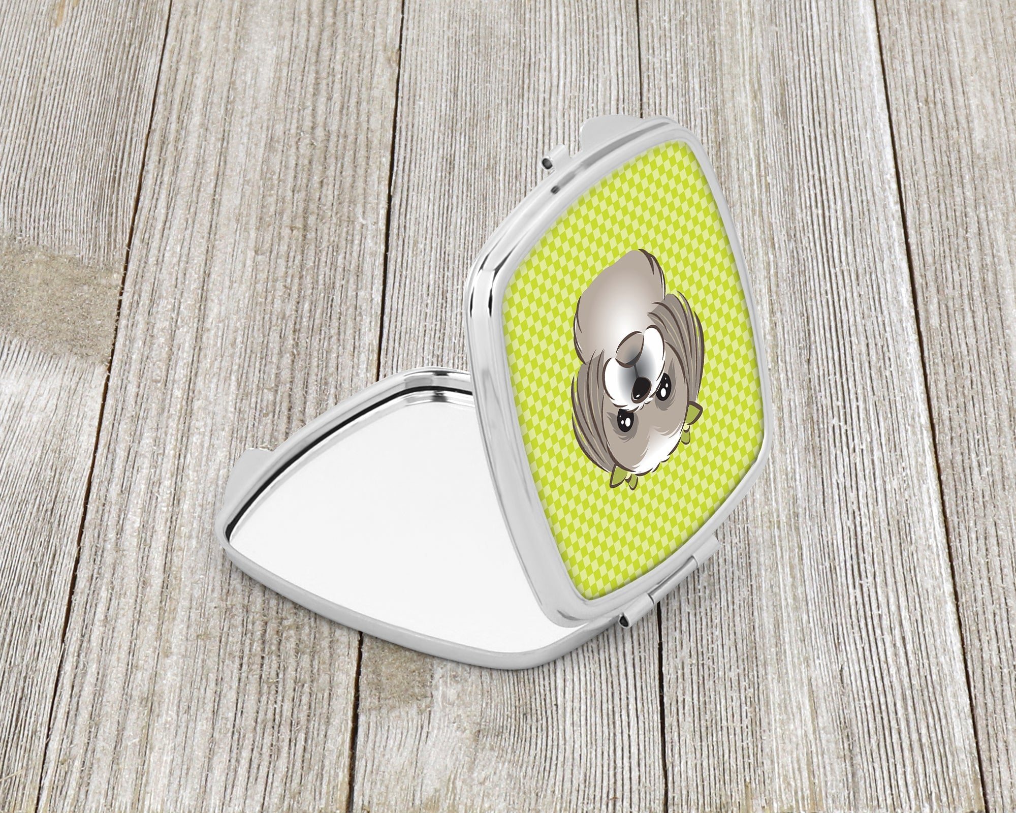 Checkerboard Lime Green Gray Silver Shih Tzu Compact Mirror Decorative Travel Makeup Mirror for Women Girls Gifts Pocket Makeup Mirror Folding Handheld
