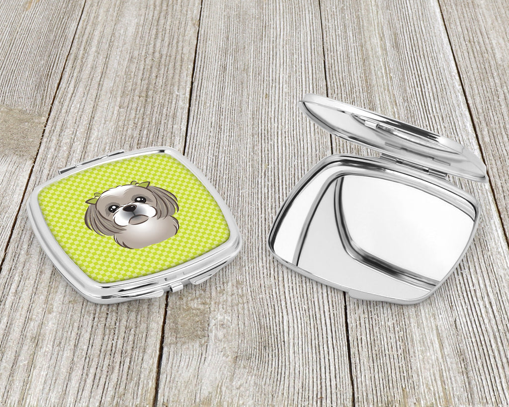 Checkerboard Lime Green Gray Silver Shih Tzu Compact Mirror Decorative Travel Makeup Mirror for Women Girls Gifts Pocket Makeup Mirror Folding Handheld