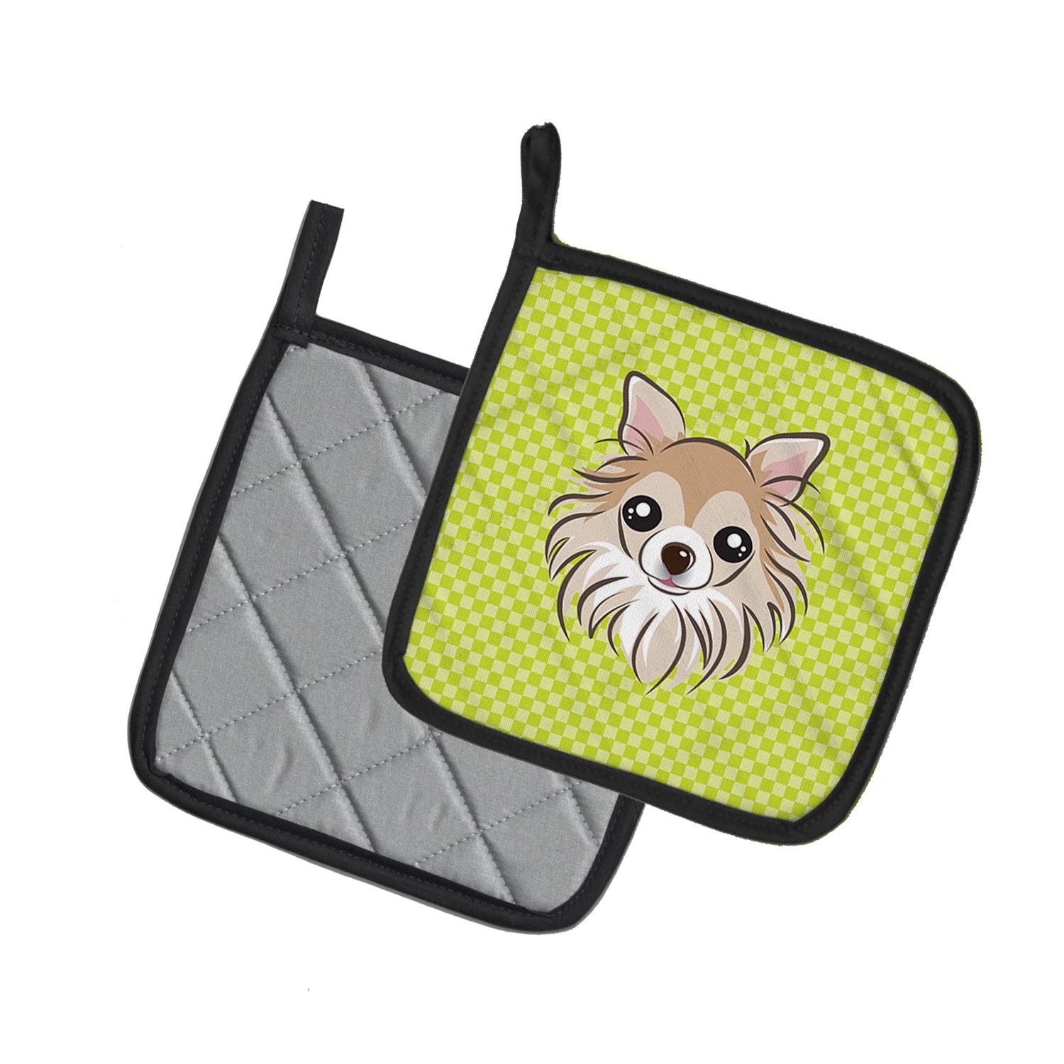 Checkerboard Lime Green Chihuahua Pot Holder Set of 2 Heat Resistant Quilted Hot Pads 7.5 x 7.5 Inch, Insulated Kitchen Trivets for Cooking & Baking