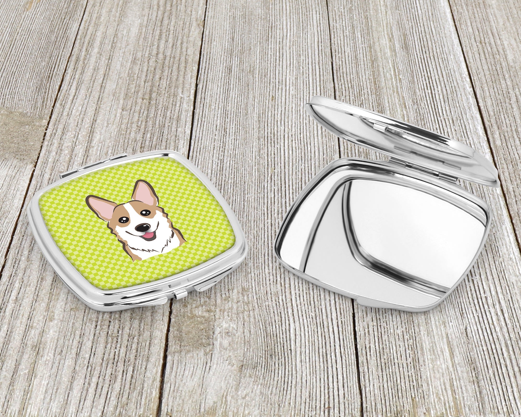 Checkerboard Lime Green Corgi Compact Mirror Decorative Travel Makeup Mirror for Women Girls Gifts Pocket Makeup Mirror Folding Handheld