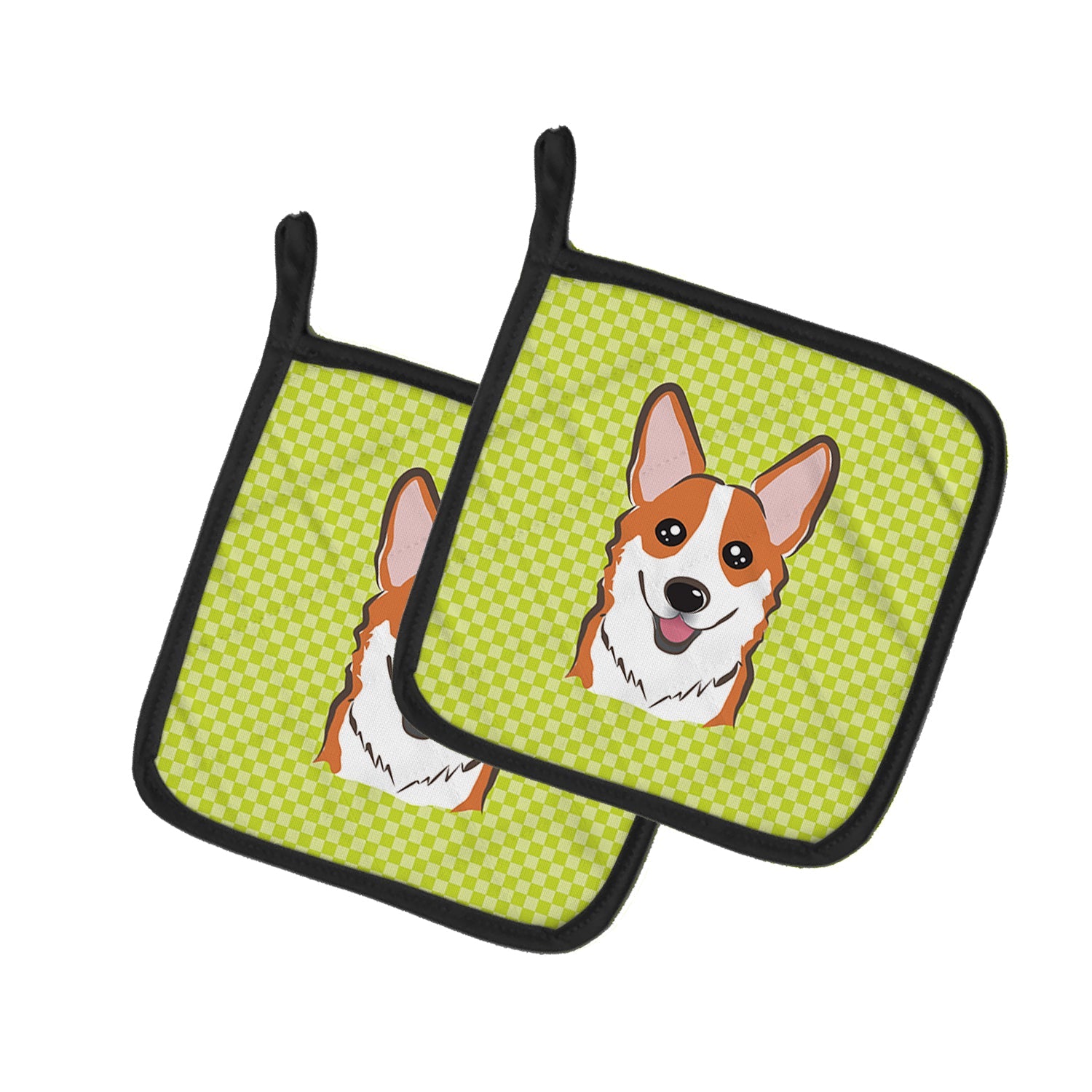 Checkerboard Lime Green Corgi Pot Holder Set of 2 Heat Resistant Quilted Hot Pads 7.5 x 7.5 Inch, Insulated Kitchen Trivets for Cooking & Baking