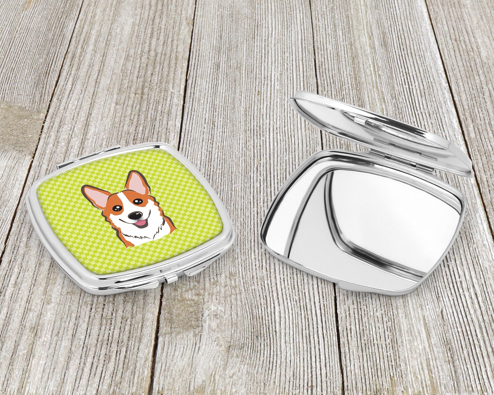 Checkerboard Lime Green Corgi Compact Mirror Decorative Travel Makeup Mirror for Women Girls Gifts Pocket Makeup Mirror Folding Handheld