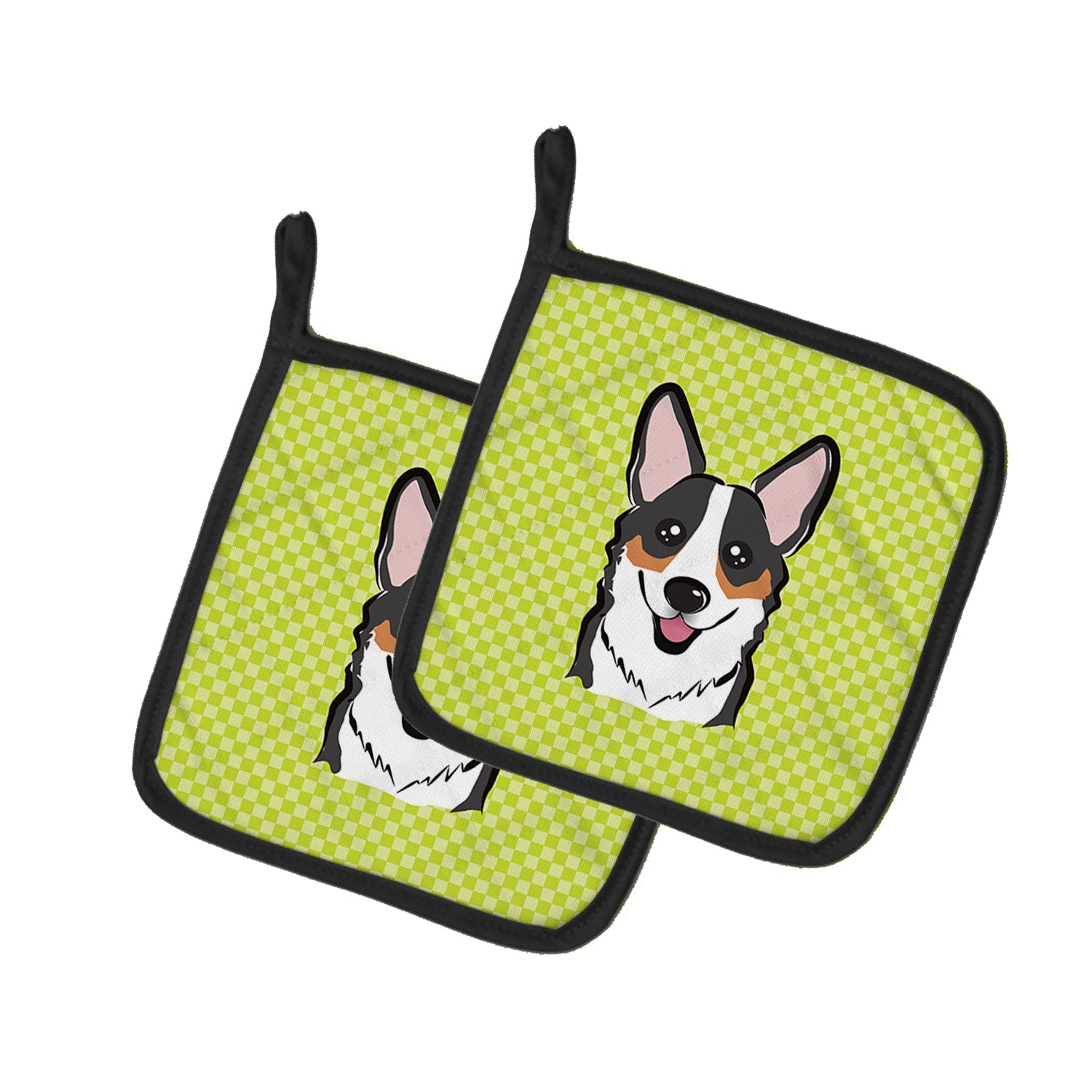Checkerboard Lime Green Corgi Pot Holder Set of 2 Heat Resistant Quilted Hot Pads 7.5 x 7.5 Inch, Insulated Kitchen Trivets for Cooking & Baking