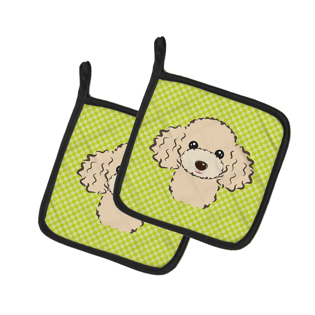 Checkerboard Lime Green Buff Poodle Pot Holder Set of 2 Heat Resistant Quilted Hot Pads 7.5 x 7.5 Inch, Insulated Kitchen Trivets for Cooking & Baking