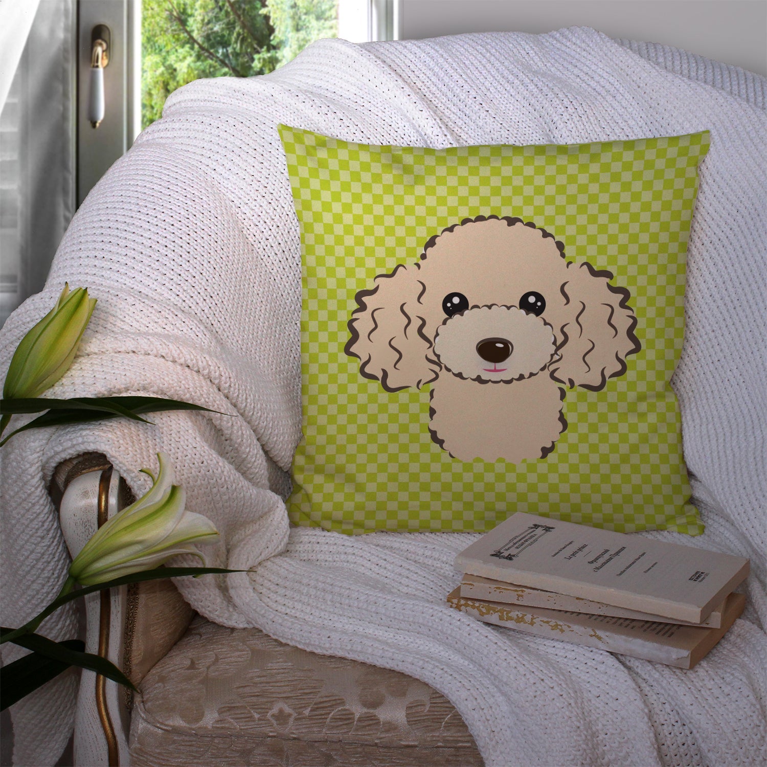 Checkerboard Lime Green Buff Poodle Decorative Throw Pillow 14x14 Indoor Outdoor Accent Cushion, Fabric Cover with Insert for Sofa, Bed, Porch & Living Room