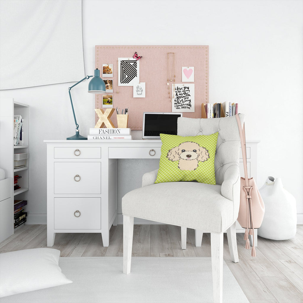 Checkerboard Lime Green Buff Poodle Decorative Throw Pillow 14x14 Indoor Outdoor Accent Cushion, Fabric Cover with Insert for Sofa, Bed, Porch & Living Room