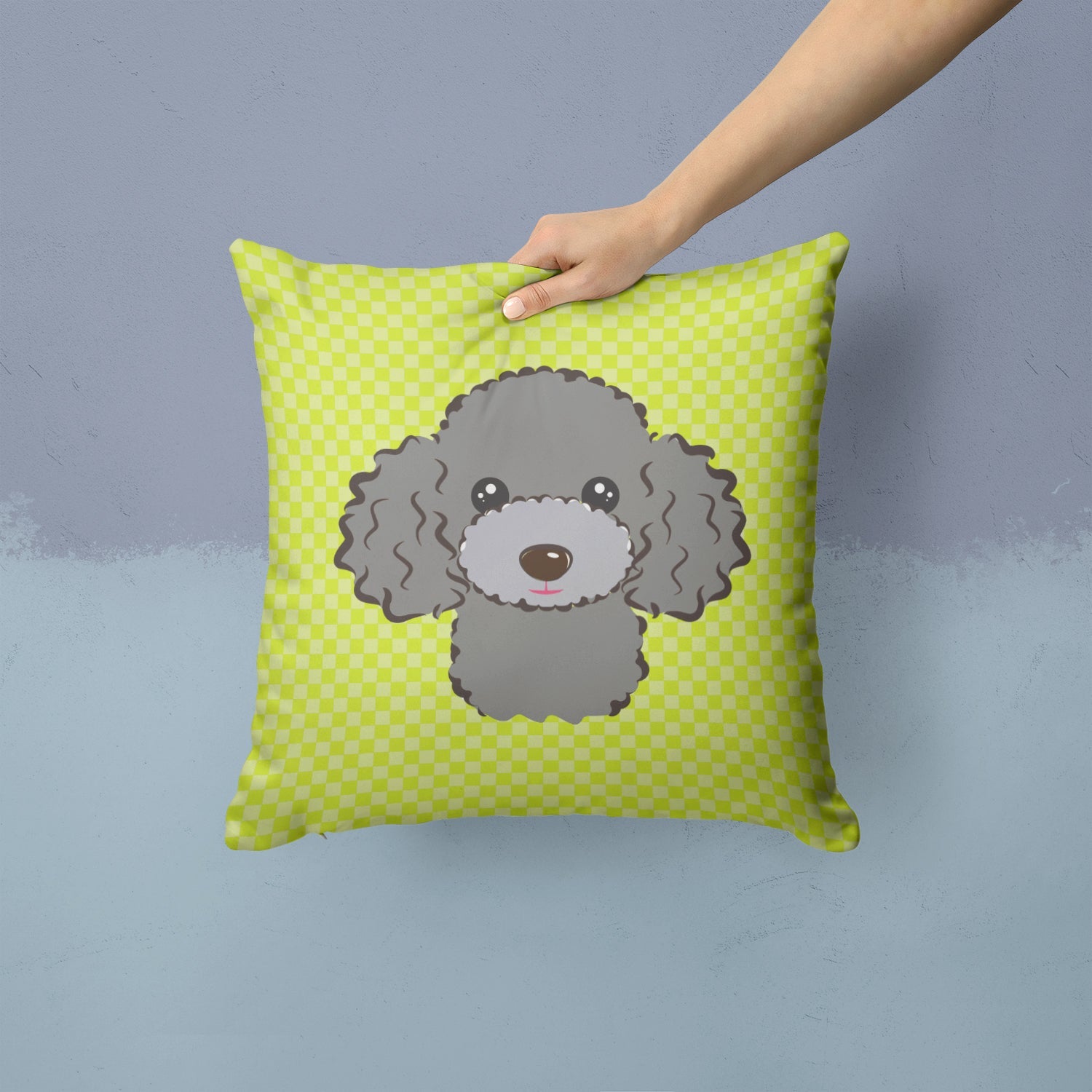 Checkerboard Lime Green Silver Gray Poodle Decorative Throw Pillow 14x14 Indoor Outdoor Accent Cushion, Fabric Cover with Insert for Sofa, Bed, Porch & Living Room