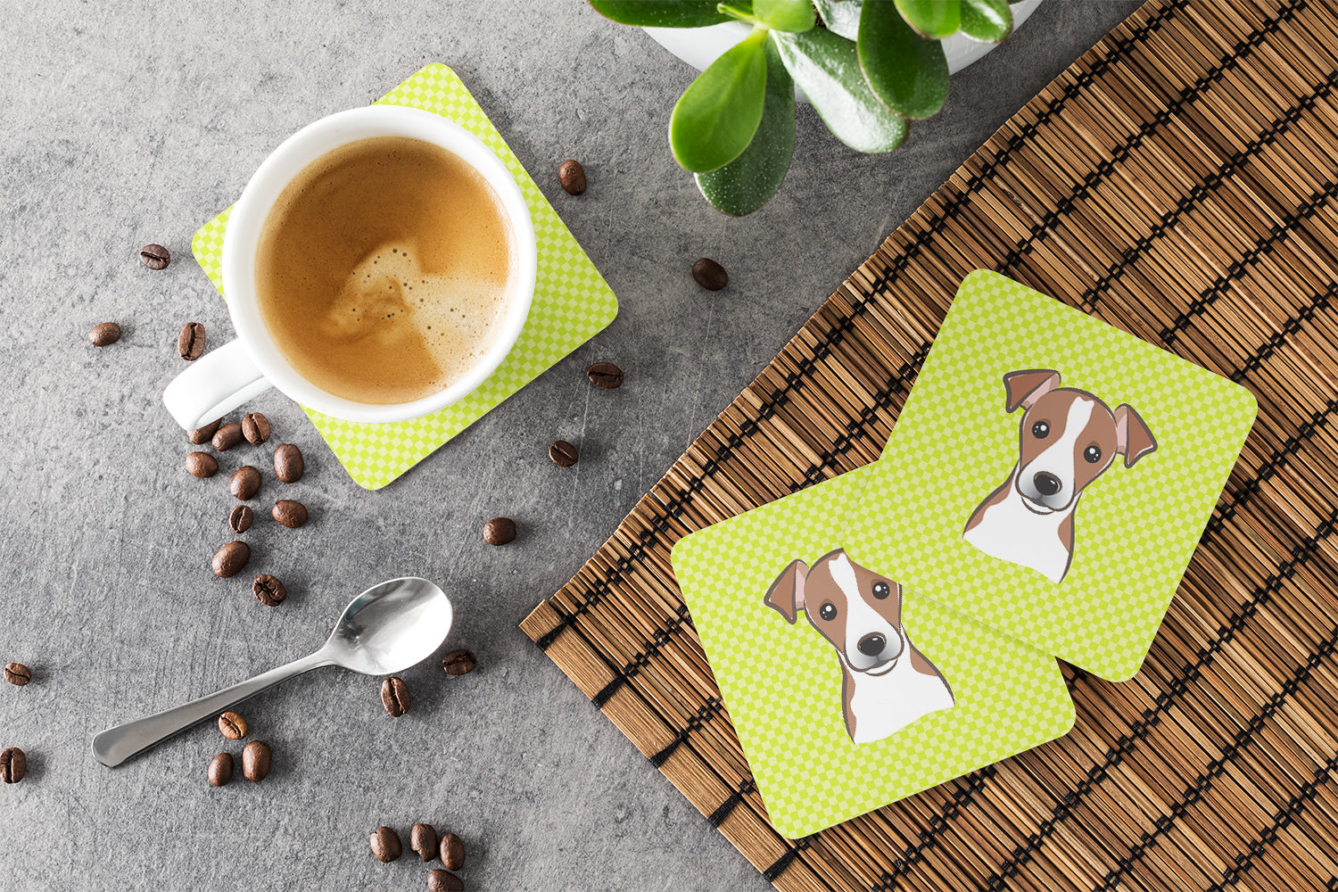 Checkerboard Lime Green Jack Russell Terrier Foam Coasters Set of 4 Cup Coasters for Indoor Outdoor, Tabletop Protection, Anti Slip, Mouse pad Material