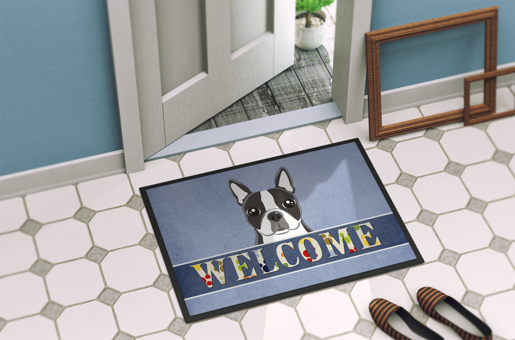 Boston Terrier Welcome Doormat Indoor Outdoor 24H X 36W Front Door Mat Rugs for Entryway, Non Slip Washable Low Pile,