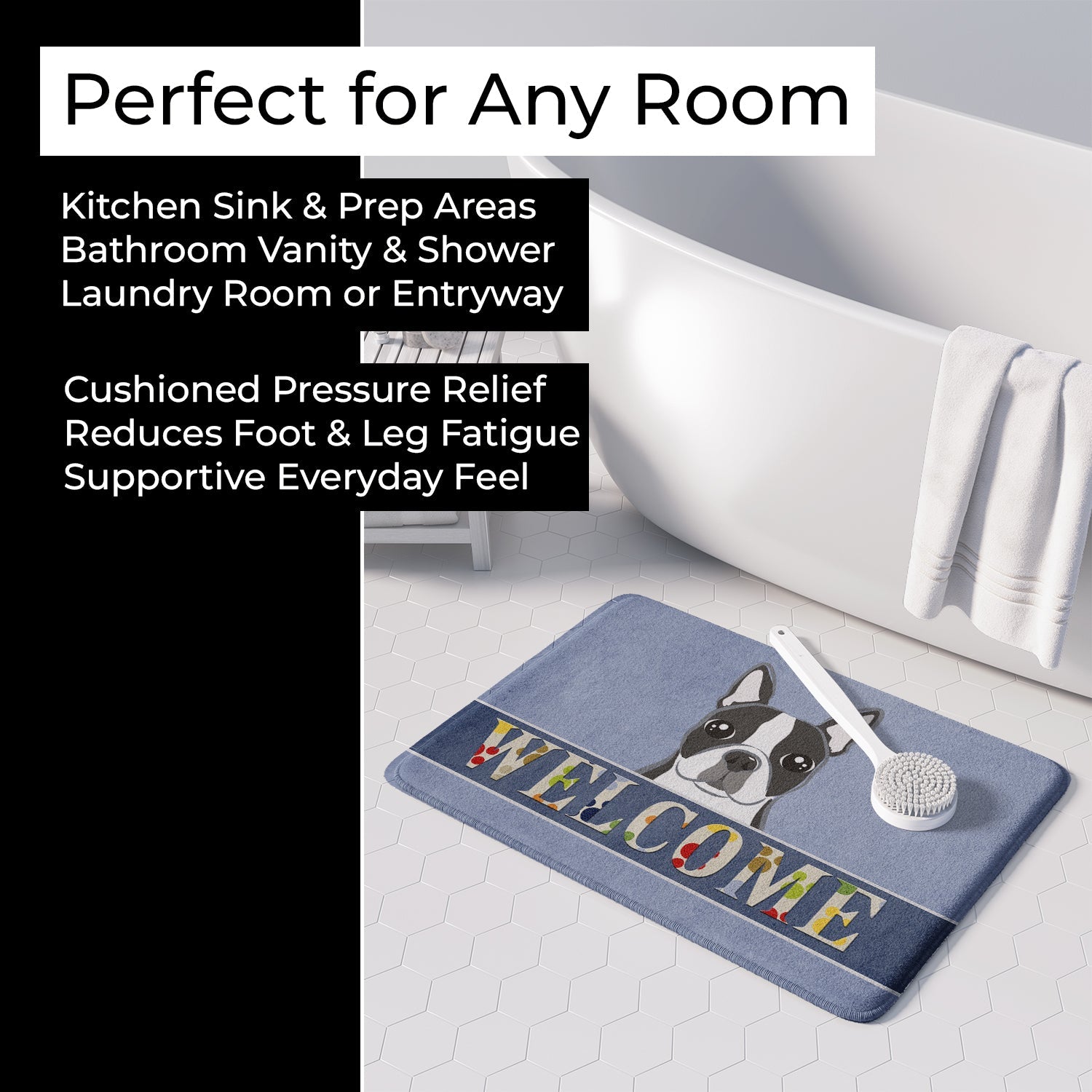 Boston Terrier Welcome Memory Foam Kitchen Mat Machine Washable Anti-Fatigue Cushion Comfort Bath or Kitchen Rug