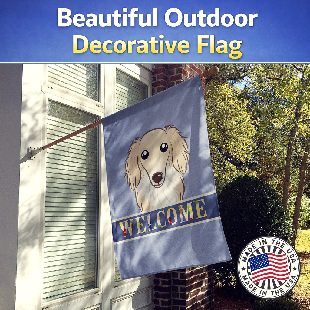 Longhair Creme Dachshund Welcome House Flag 28x40 Porch Sleeve Pole Decorative Outside Yard Banner Artwork Wall Hanging, Polyester