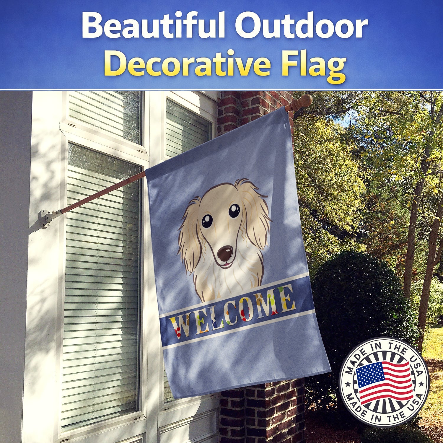 Longhair Creme Dachshund Welcome House Flag 28x40 Porch Sleeve Pole Decorative Outside Yard Banner Artwork Wall Hanging, Polyester