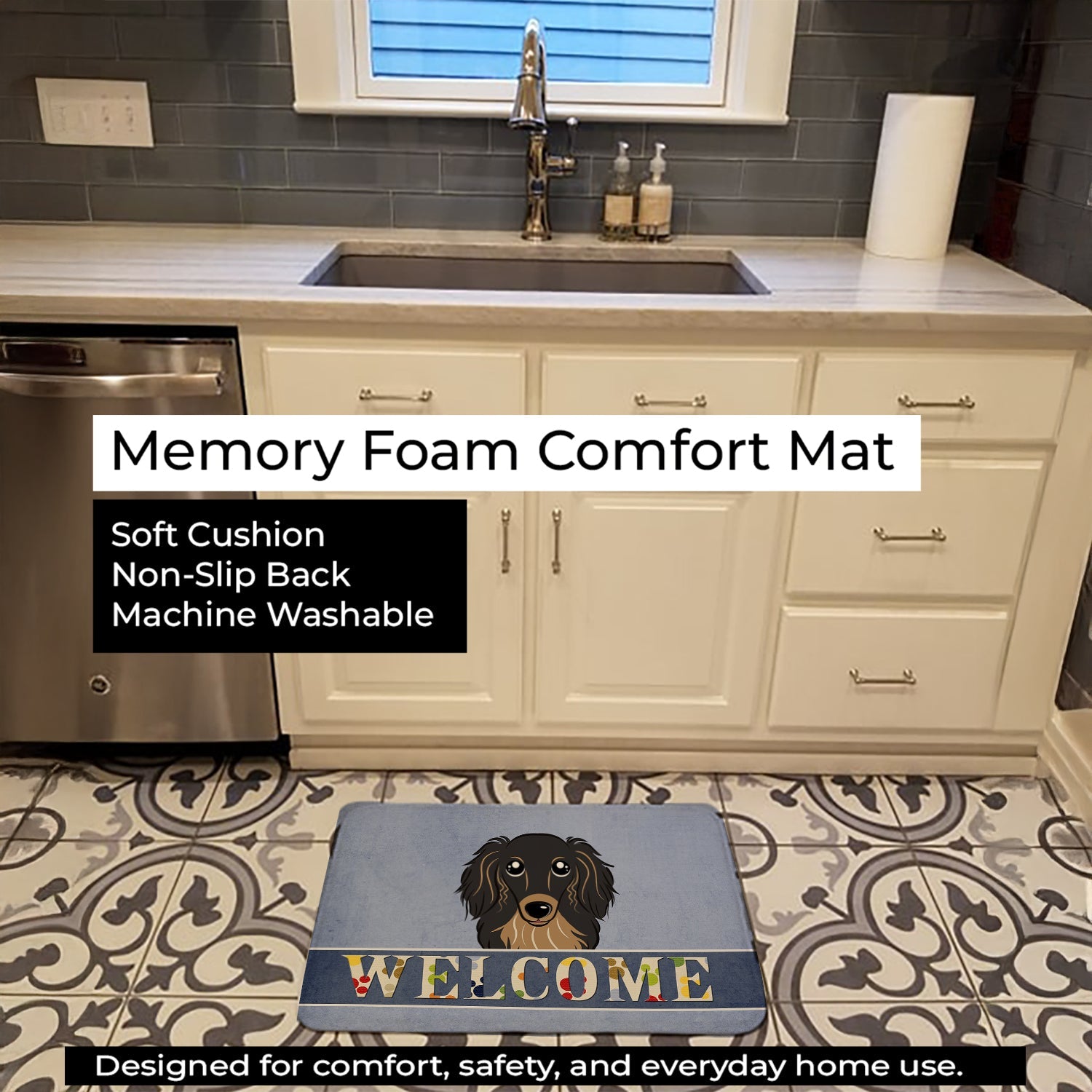 Longhair Black and Tan Dachshund Welcome Memory Foam Kitchen Mat Machine Washable Anti-Fatigue Cushion Comfort Bath or Kitchen Rug