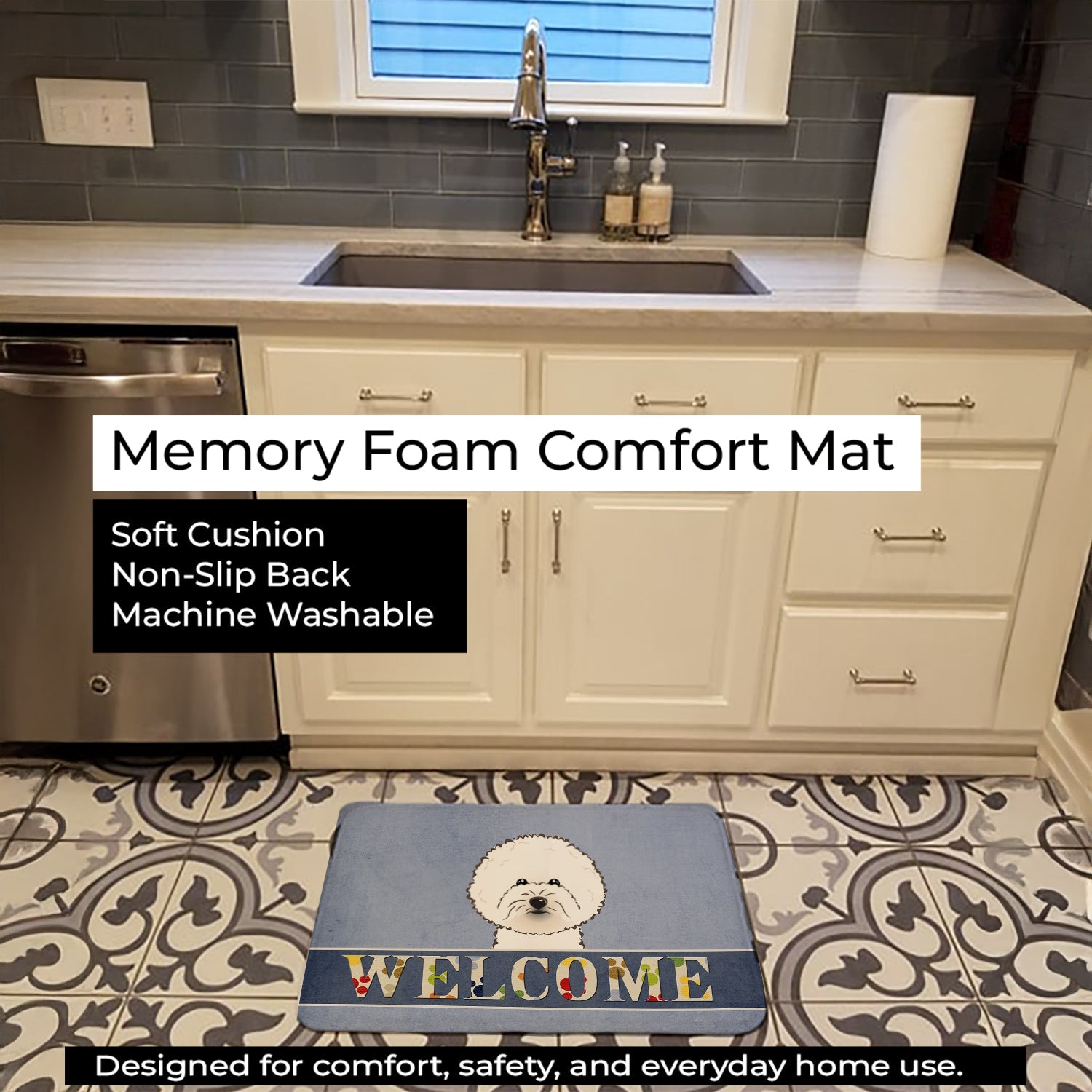 Bichon Frise Welcome Memory Foam Kitchen Mat Machine Washable Anti-Fatigue Cushion Comfort Bath or Kitchen Rug