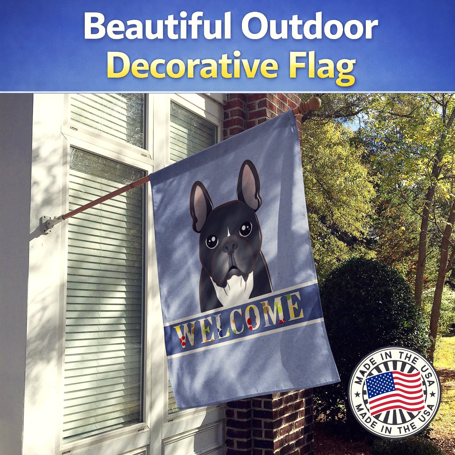 French Bulldog Welcome House Flag 28x40 Porch Sleeve Pole Decorative Outside Yard Banner Artwork Wall Hanging, Polyester