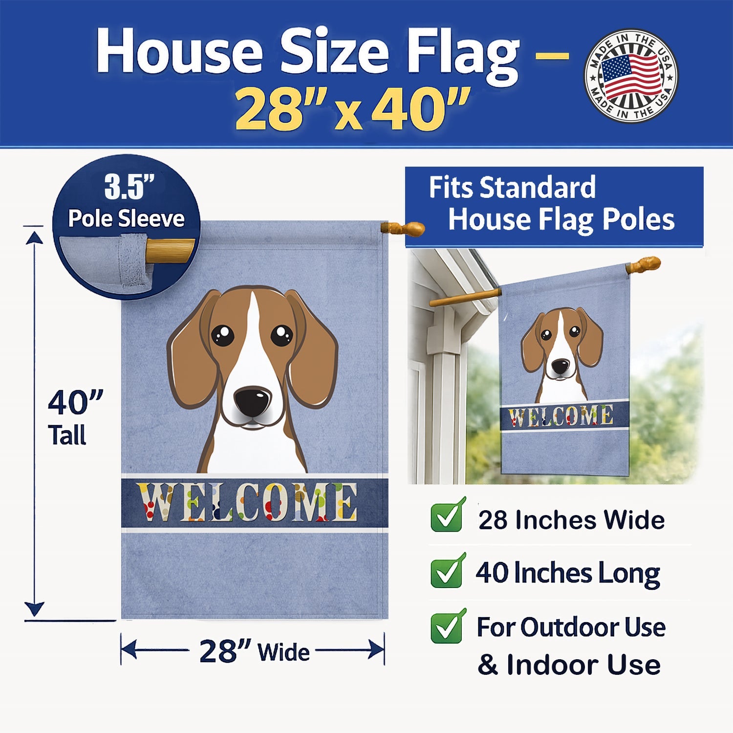 Beagle Welcome House Flag 28x40 Porch Sleeve Pole Decorative Outside Yard Banner Artwork Wall Hanging, Polyester