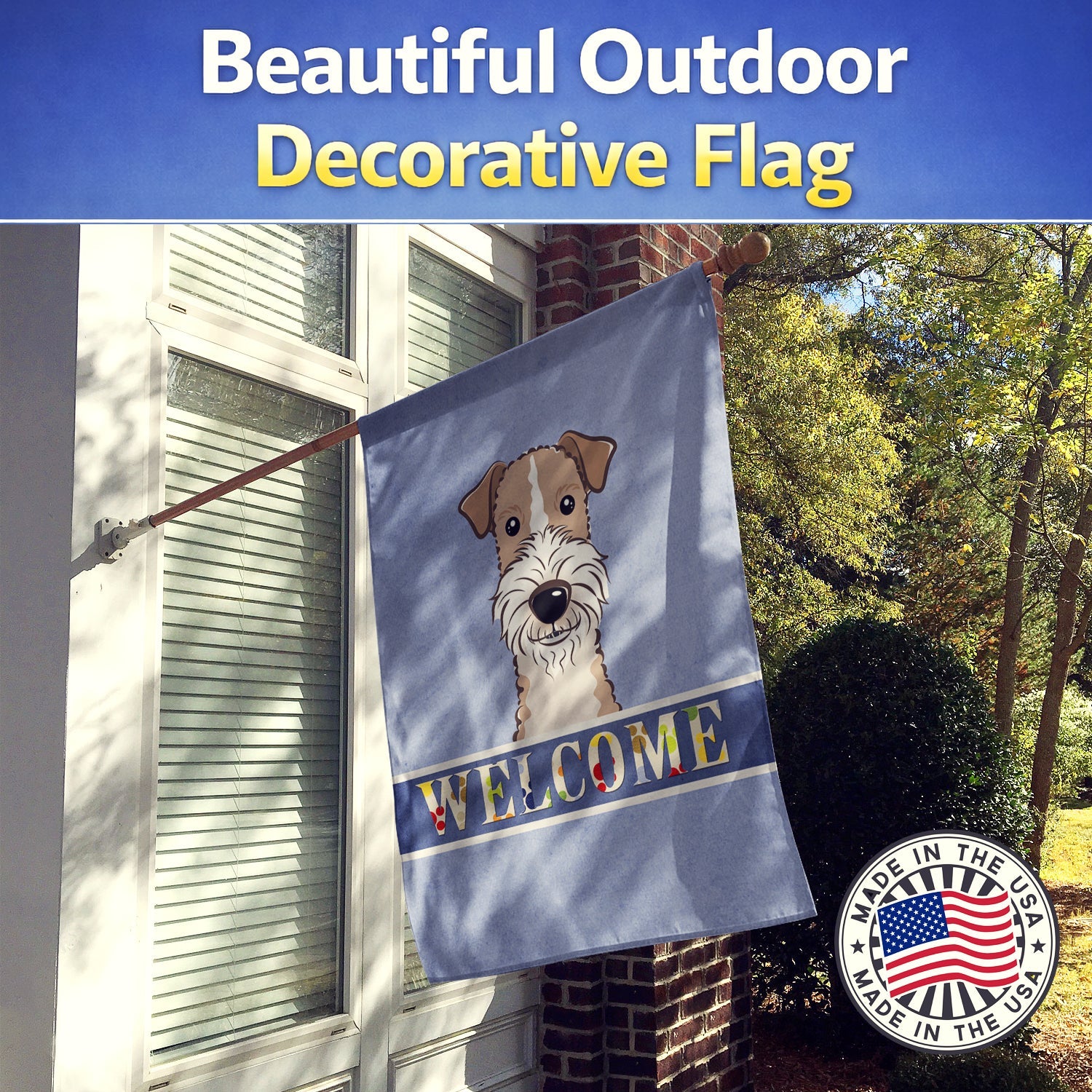 Wire Haired Fox Terrier Welcome House Flag 28x40 Porch Sleeve Pole Decorative Outside Yard Banner Artwork Wall Hanging, Polyester
