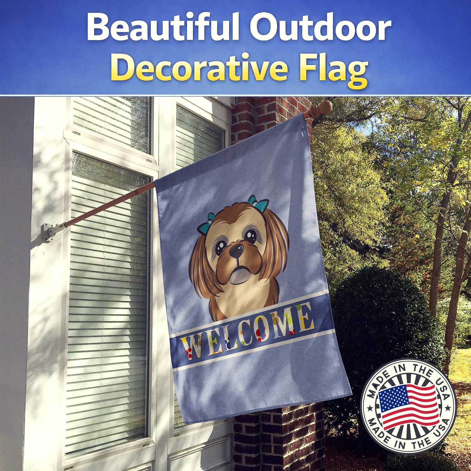 Chocolate Brown Shih Tzu Welcome House Flag 28x40 Porch Sleeve Pole Decorative Outside Yard Banner Artwork Wall Hanging, Polyester
