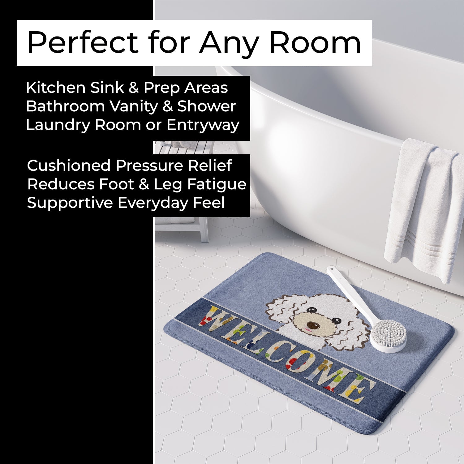 White Poodle Welcome Memory Foam Kitchen Mat Machine Washable Anti-Fatigue Cushion Comfort Bath or Kitchen Rug