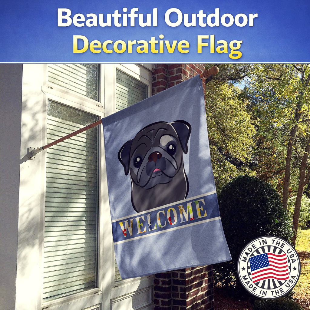 Black Pug Welcome House Flag 28x40 Porch Sleeve Pole Decorative Outside Yard Banner Artwork Wall Hanging, Polyester