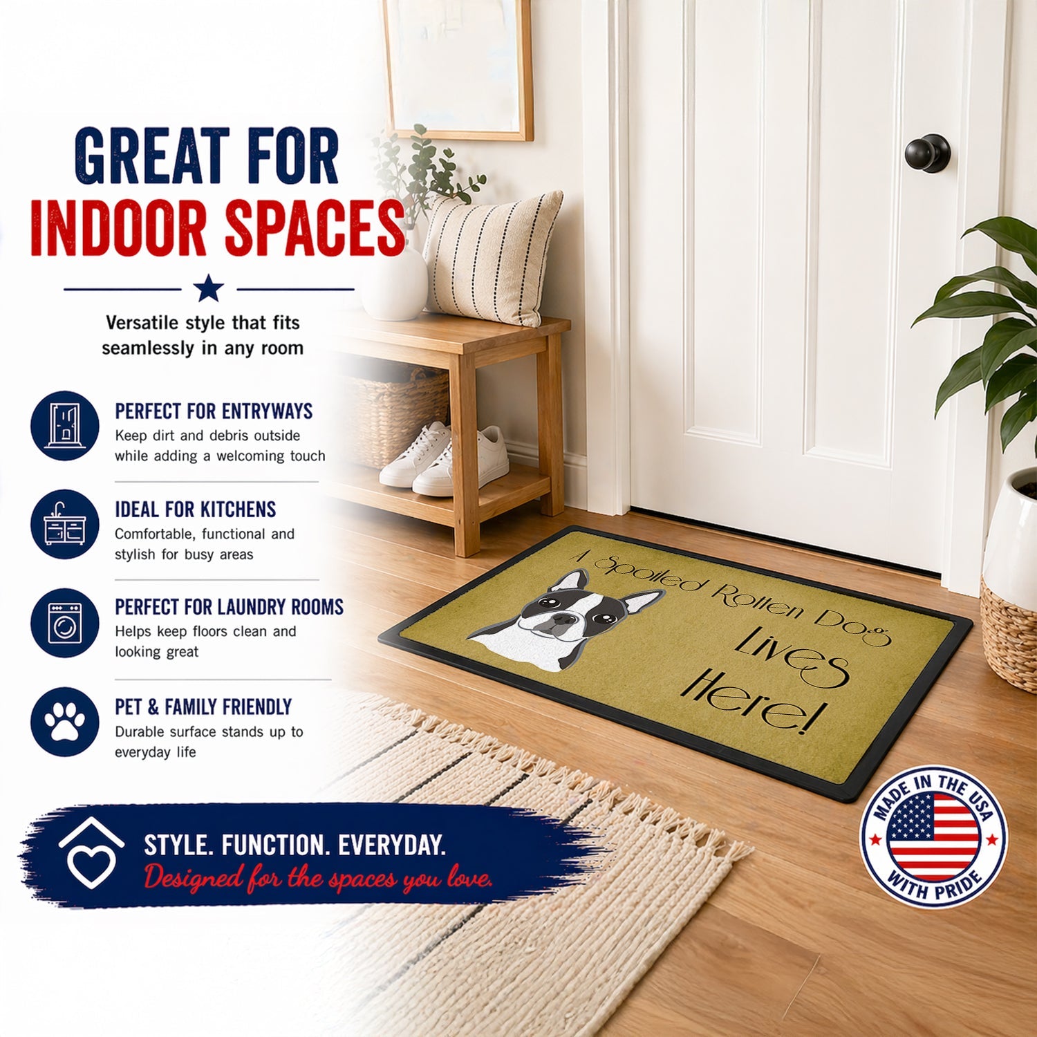 Boston Terrier Spoiled Dog Lives Here Doormat Indoor Outdoor 24H X 36W Front Door Mat Rugs for Entryway, Non Slip Washable Low Pile,