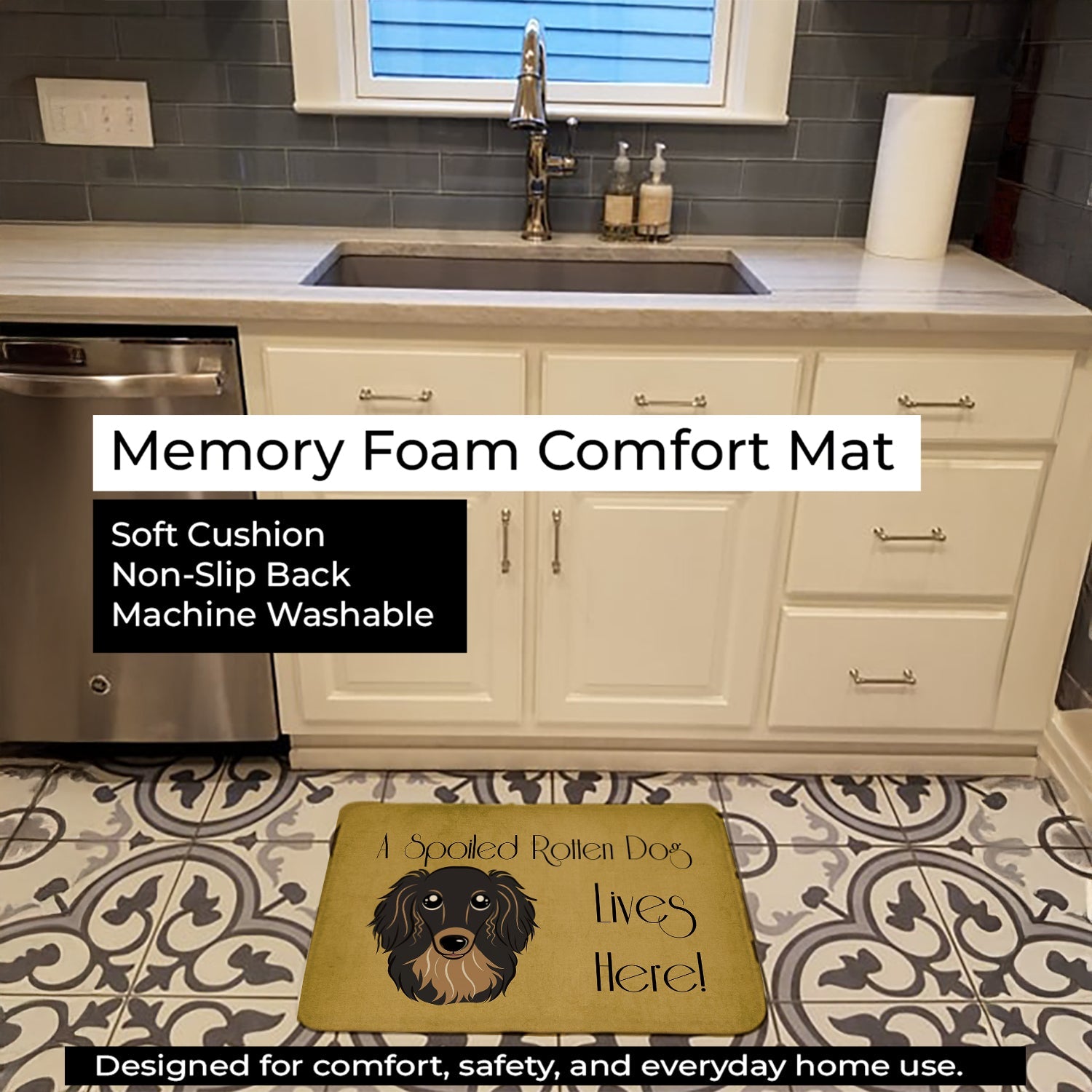 Longhair Black and Tan Dachshund Spoiled Dog Lives Here Memory Foam Kitchen Mat Machine Washable Anti-Fatigue Cushion Comfort Bath or Kitchen Rug