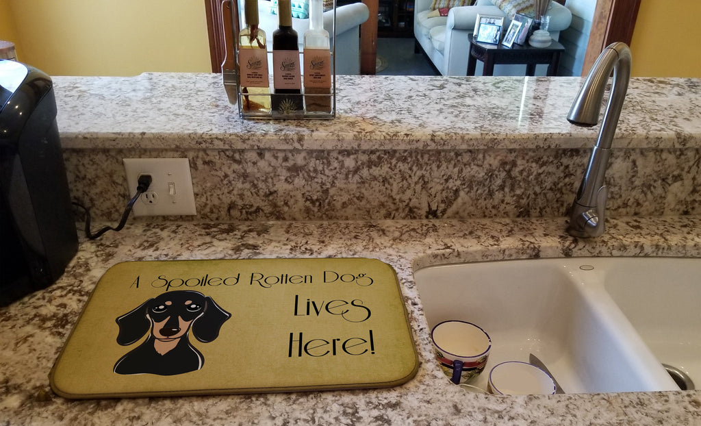 Smooth Black and Tan Dachshund Spoiled Dog Lives Here Dish Drying Mat Absorbent Dish Drying Mat Pad for Kitchen Counter Dish Drainer Mat for Countertop, 14 x 21", Multicolor